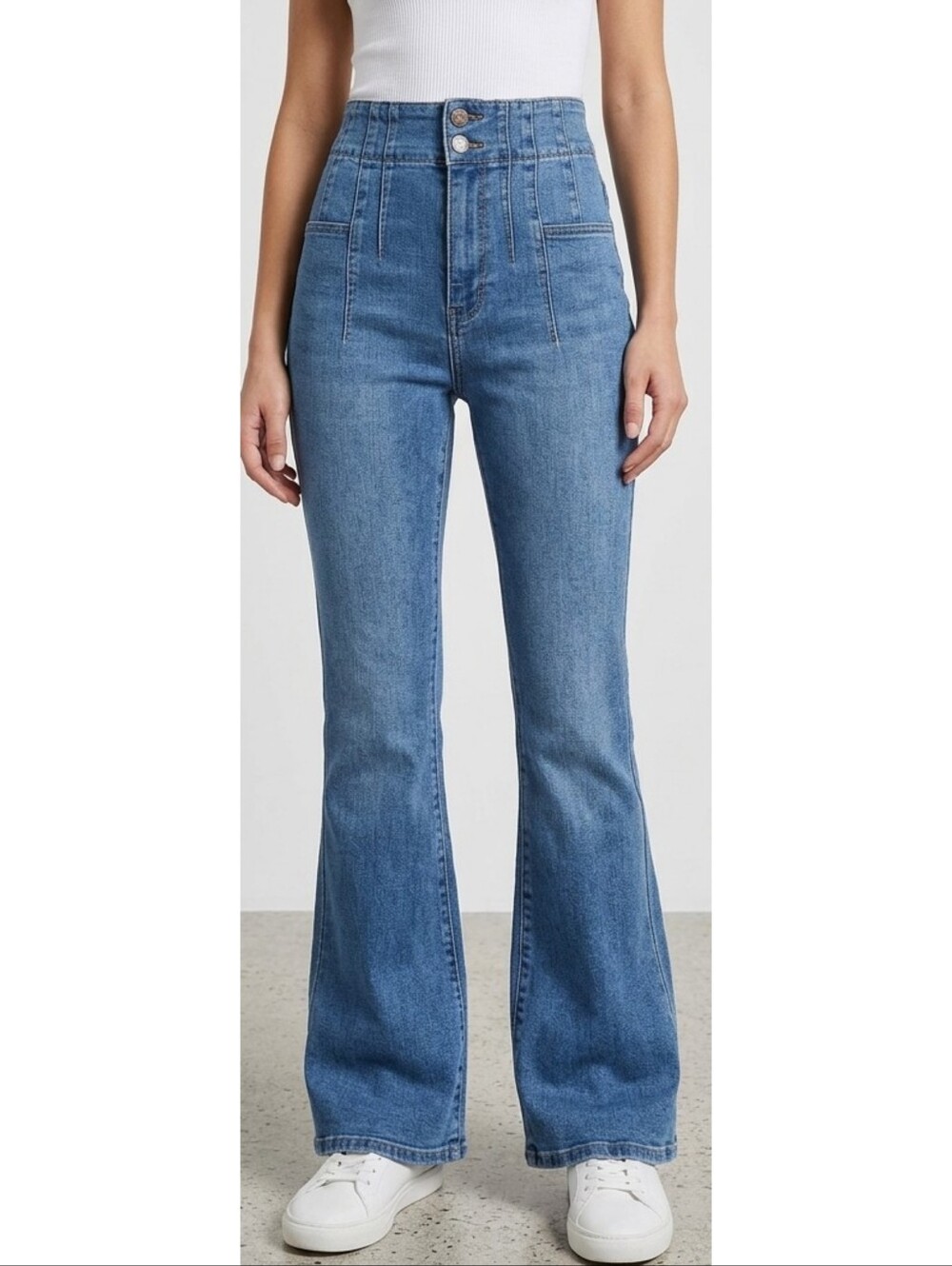 No Boundaries Super High Rise Pintuck Flare Jeans Medium Wash Size 7